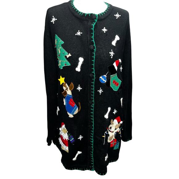 Lemon Grass women  christmas holiday dog puppy themed sweater button up 1x - Picture 1 of 6